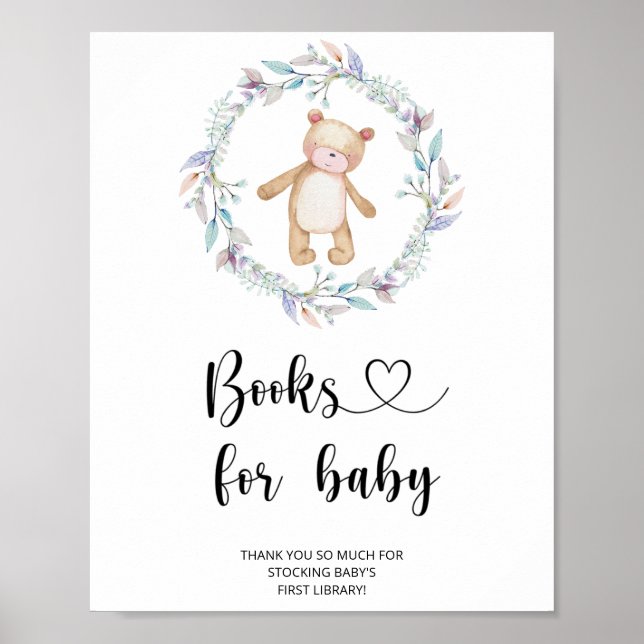 Póster Acuarela de osito, libros para bebé (Frente)