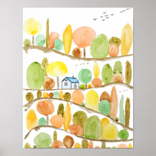 Póster acuarela de paisaje otoñal