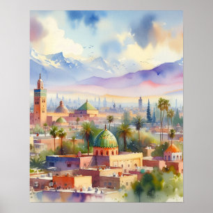 Póster Acuarela de paisajes urbanos de Marruecos