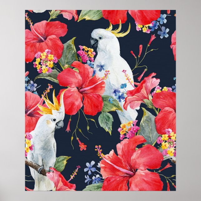 Póster Acuarela de pájaro tropical Hibiscus Rojo Flor (Frente)