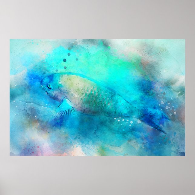 Póster Acuarela de peces tropicales hawaianos - Parrofish (Frente)