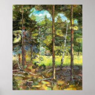 Póster acuarela de pintura de bosques de pino