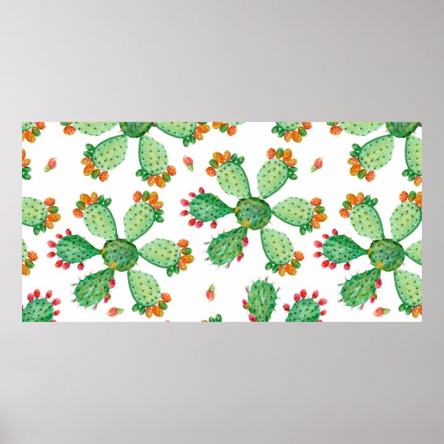 Póster Acuarela de rastrillo de fondo de cactus sin costu (Frente)