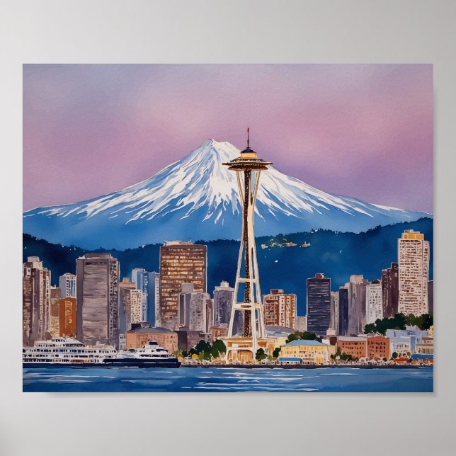 Póster Acuarela de Seattle Washington (Frente)