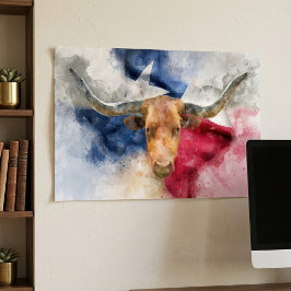 Póster Acuarela de Texas Longhorn con mapa artístico de b