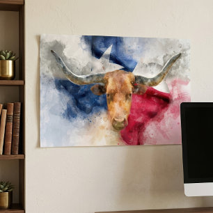 Póster Acuarela de Texas Longhorn con mapa artístico de b