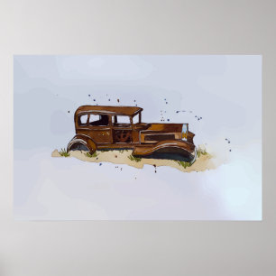 Póster Acuarela de un caparazón oxidado de una camioneta