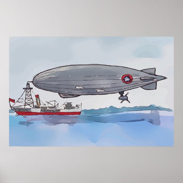 Póster Acuarela de un dirigible amarrado a un barco (Frente)