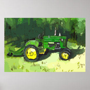 Póster Acuarela de un tractor verde, con segadora de arbu