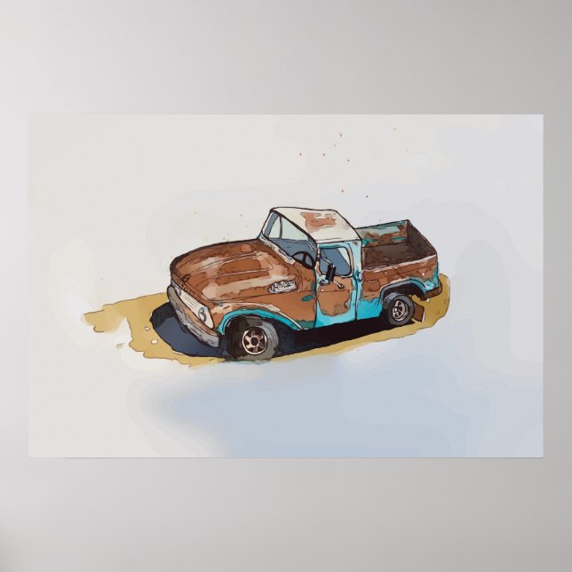 Póster Acuarela de un viejo camión oxidado (Frente)