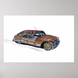 Póster Acuarela de un viejo sedán antiguo oxidado