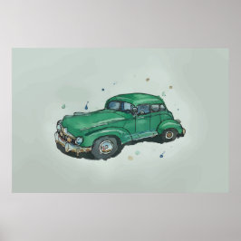 Póster Acuarela de un viejo sedán verde oxidado