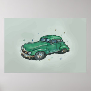 Póster Acuarela de un viejo sedán verde oxidado