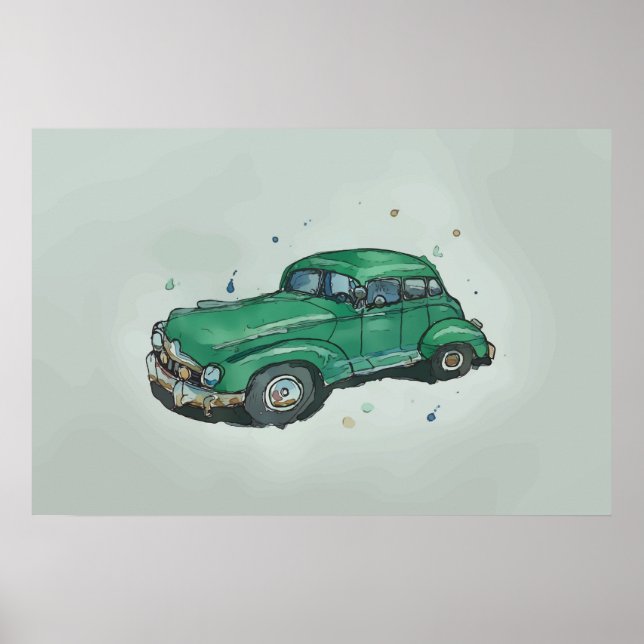 Póster Acuarela de un viejo sedán verde oxidado (Frente)