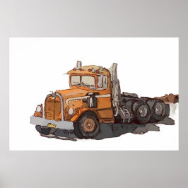 Póster Acuarela de un viejo semi tractor naranja