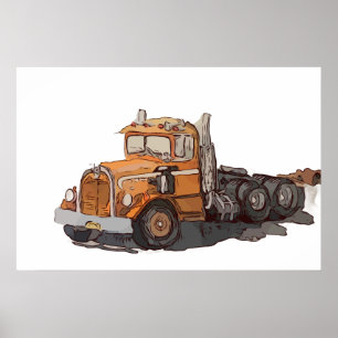 Póster Acuarela de un viejo semi tractor naranja
