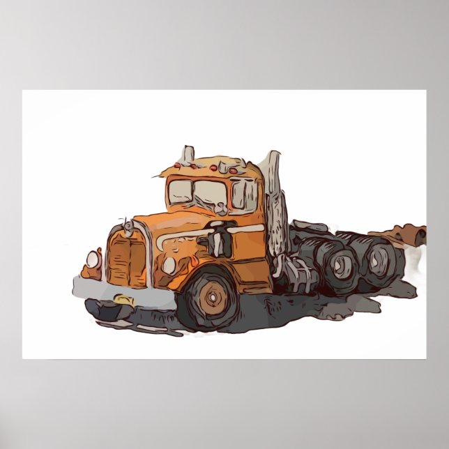 Póster Acuarela de un viejo semi tractor naranja (Frente)