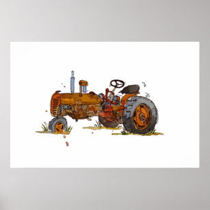 Póster Acuarela de un viejo tractor naranja oxidado