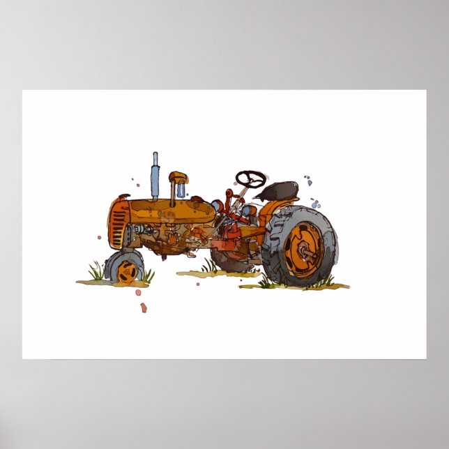 Póster Acuarela de un viejo tractor naranja oxidado (Frente)