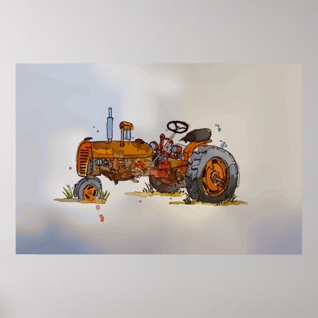 Póster Acuarela de un viejo tractor naranja oxidado (Frente)