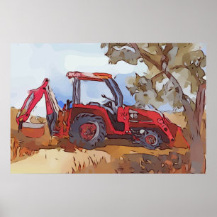 Póster Acuarela de una retroexcavadora de tractor naranja