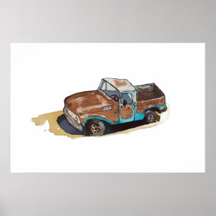 Póster Acuarela de una vieja camioneta oxidada