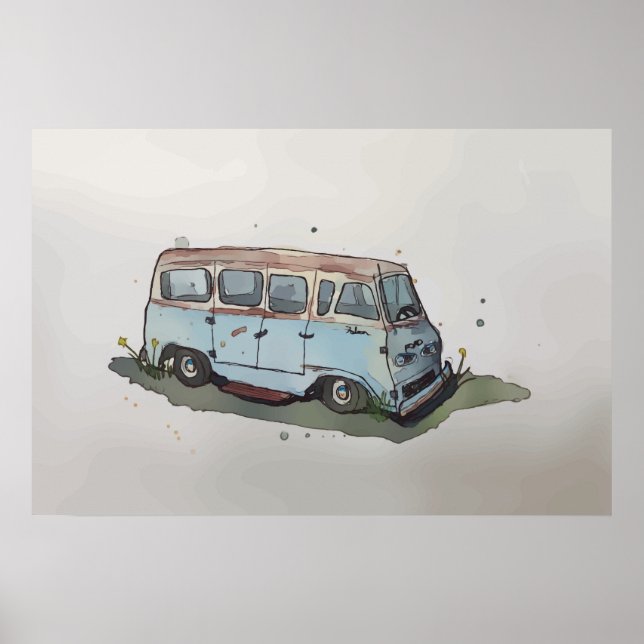 Póster Acuarela de una vieja camioneta oxidada (Frente)