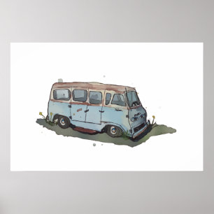 Póster Acuarela de una vieja furgoneta antigua oxidada