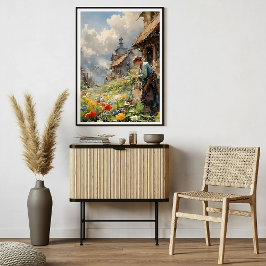 Póster Acuarela de vida rural con Chica en jardín de flor