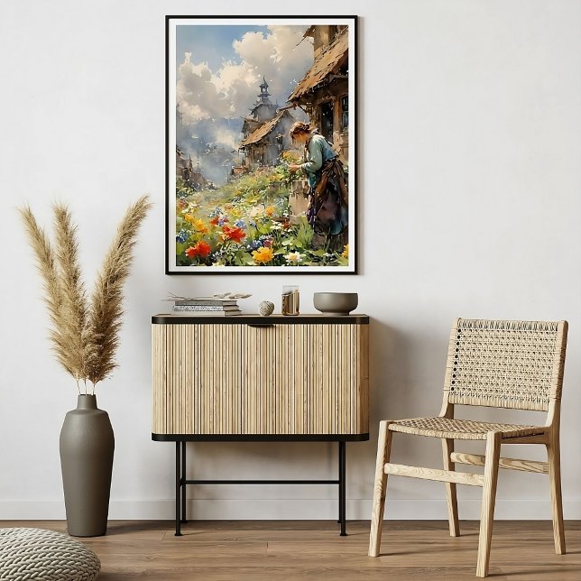 Póster Acuarela de vida rural con Chica en jardín de flor (Subido por el creador)