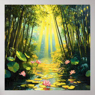 Póster Acuarela del bosque Golden Lotus