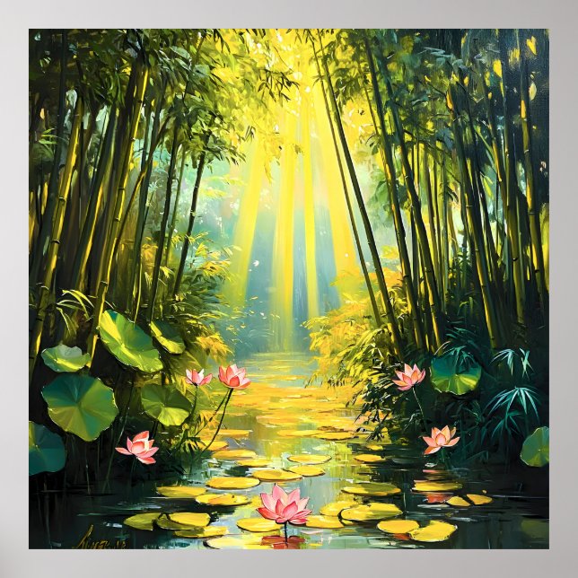 Póster Acuarela del bosque Golden Lotus (Frente)
