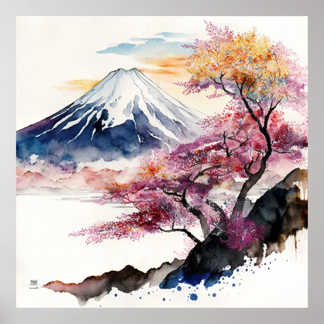 Póster acuarela del Monte Fuji (Frente)