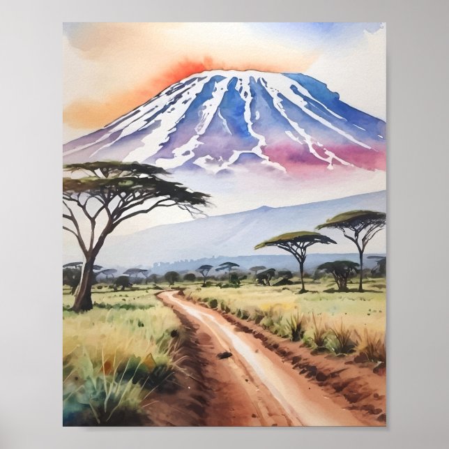 Póster Acuarela del Monte Kilimanjaro Tanzania (Frente)