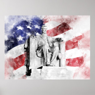 Póster Acuarela del Monumento a Lincoln con bandera estad