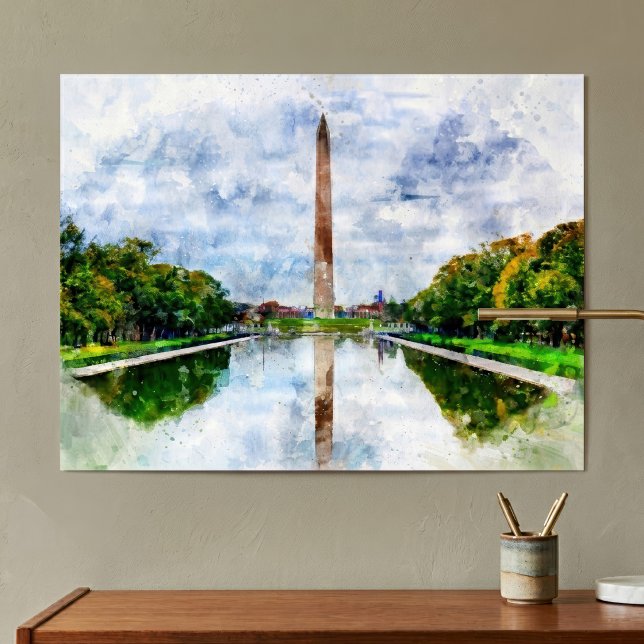 Póster Acuarela del Monumento a Washington con reflejo (Washington Monument Watercolor with Reflection. Poster)