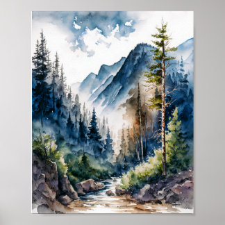 Póster Acuarela del paisaje de los bosques de montaña