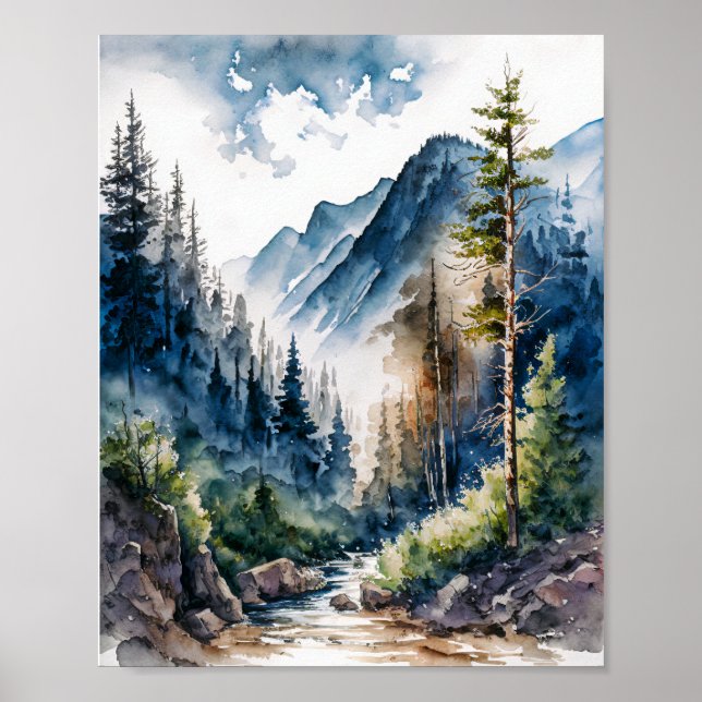 Póster Acuarela del paisaje de los bosques de montaña (Frente)