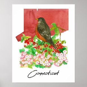 Póster Acuarela del pájaro petirrojo del estado de Connec