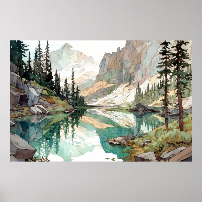 Póster Acuarela del Parque Nacional del Glaciar (Frente)