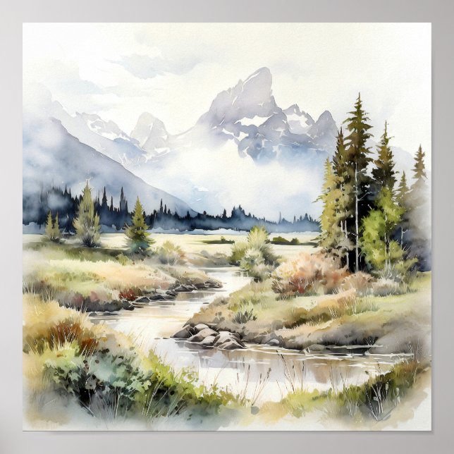 Póster Acuarela del parque nacional del Gran Tetón (Frente)