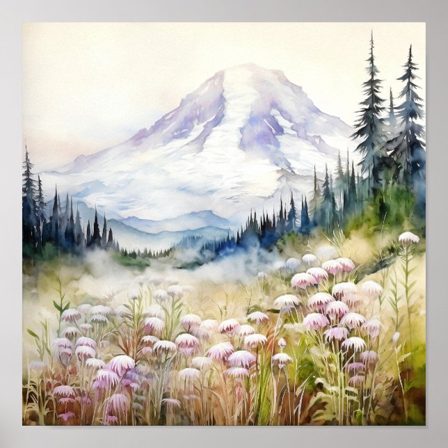 Póster Acuarela del Parque Nacional Mount Rainier (Frente)