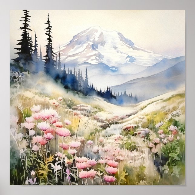 Póster Acuarela del Parque Nacional Mount Rainier (Frente)