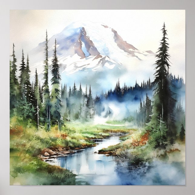 Póster Acuarela del Parque Nacional Mount Rainier (Frente)