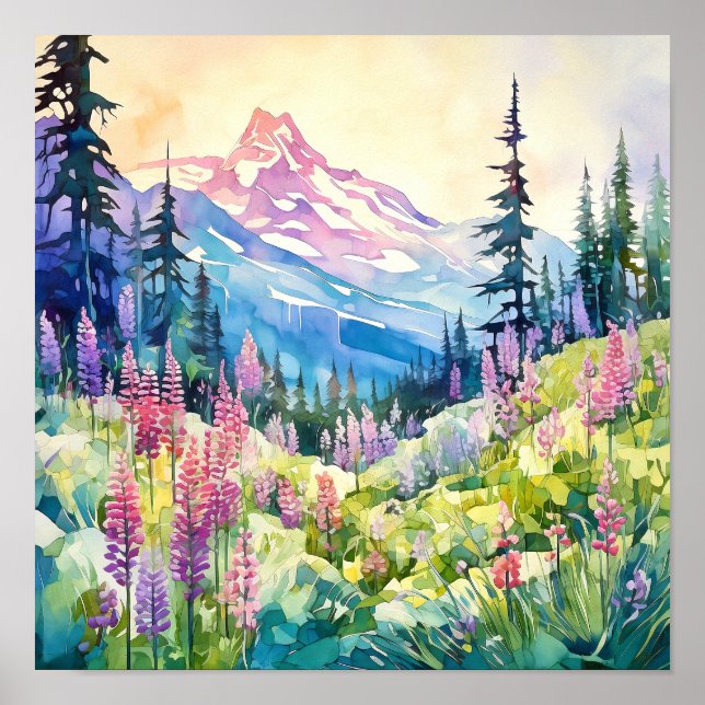 Póster Acuarela del Parque Nacional Mount Rainier (Frente)