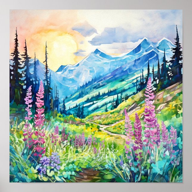 Póster Acuarela del Parque Nacional Mount Rainier (Frente)