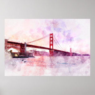 Póster acuarela del puente Golden Gate en San Francisco