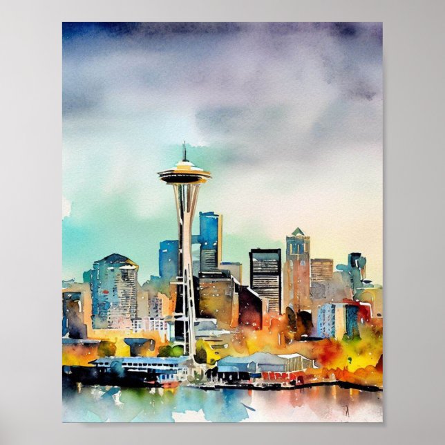Póster acuarela del Skyline de Seattle Washington (Frente)