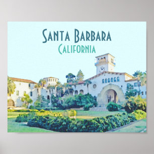 Póster Acuarela del tribunal de Santa Barbara California