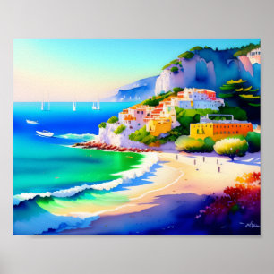 Póster Acuarela del village de playa italiano